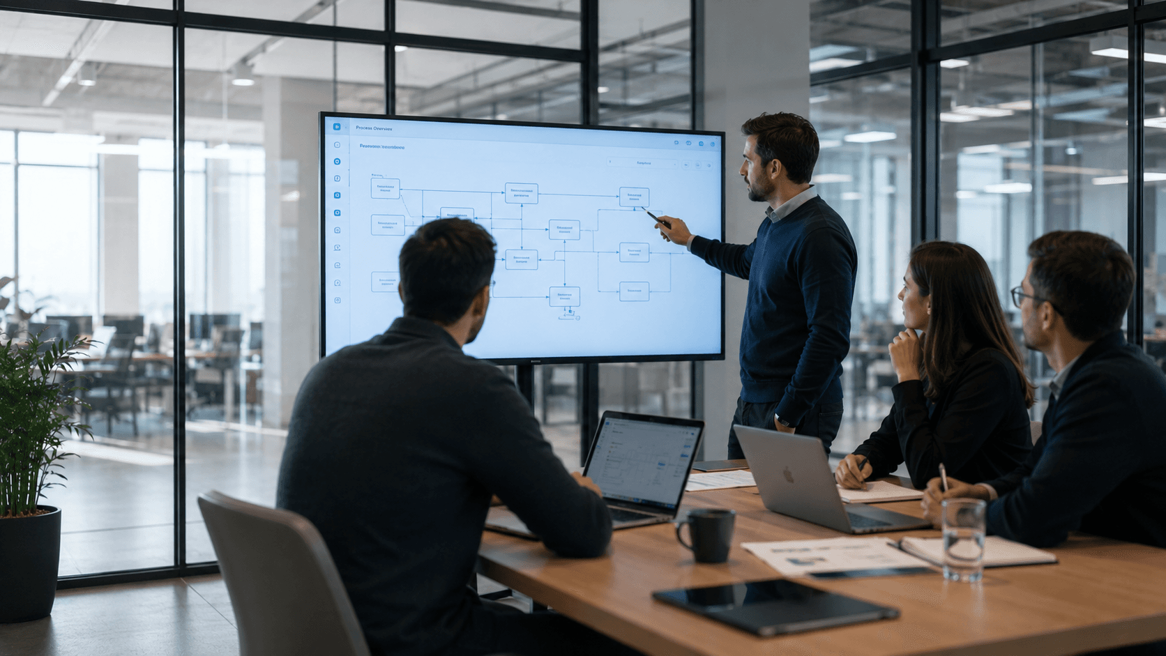 Equipo revisando un mapa de flujo operacional en una pantalla de trabajo